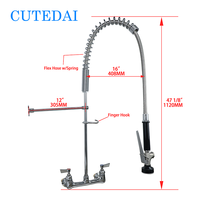 Robinet de cuisine professionnel à montage sur comptoir, pour usage industriel, restaurant, hôpital, finition laiton chromé, avec douchette extractible, 2 poignées, pré-évier
