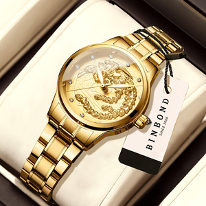 Binbond Gold Dragon Quartz Watch 11mm Stainless Steel Band Waterproof Luminous Diamond Men's Watch - Product Image 1