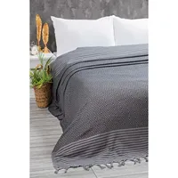 Couverture de lit et paréo en tissu de coton tissé Pestamal pour lit double, pique-nique, plage, beige, gris foncé, bleu gris, motif carreaux, moutarde