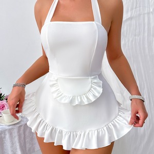 Vestido de lencería sexy con tirantes de encaje blanco, falda corta para mujer con lazo halter, disfraz sexy de sirvienta - Product Image 1