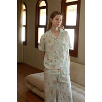 Nouvelle Collection Lijia Début d'Automne – Ensemble Femme Respirant en Fibre de Bambou Double Gaze avec Imprimé Mignon Cygne et Sapin, Manches Longues