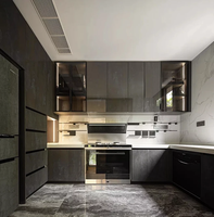 Meubles de cuisine modernes de luxe écologiques ignifuges sur mesure, armoires de base sous évier en panneaux de particules mélaminés MDF, crédence d'îlot