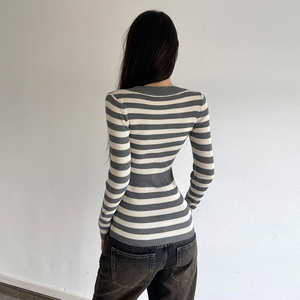 Pull en tricot rayé à col en V et manches longues pour femme, boutonné sur le devant, coupe ajustée, idéal automne-hiver, en polyester et élasthanne - Product Image 3