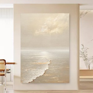 Art mural abstrait encadré sur le thème de l'océan, style impressionniste rectangulaire beige, pour la décoration du salon et de l'entrée - Product Image 1