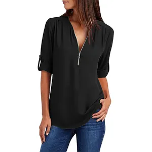 Summer Fashion half sleeve ladies blouse and shirts black sexy curved hem long back Professional shirt plus size women's blouses