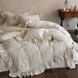 Juego de Funda de Edredón de Lino y Algodón de Cuatro Piezas Estilo Francés Miss <span class=keywords><strong>Fula</strong></span>, 200 Hilos, con Encaje, Plisado y Bordado, Juego de Funda de Edredón y Funda de Almohada, ODM/OEM - Product Image 6