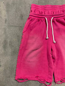 헤비웨이트 면직물 맞춤형 통기성 산성 워싱 디스트레스드 반바지 남성 무릎 길이 이중 허리끈 스웨트 조츠 - Product Image 3