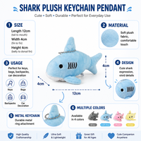 Porte-clés Peluche Requin Zaves Adorable, Animal en Peluche Doux, Breloque de Sac, Pendentif pour Clés, Sac à Dos, Sac à Main, 4 Couleurs Disponibles, Mini Jouet Requin, Cadeau