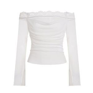 T-shirt blanc à épaules dénudées avec dentelle, froncé, en polyester respirant, à manches longues, coupe ajustée pour femme, idéal pour la plage, les fêtes ou les tenues décontractées - Product Image 6