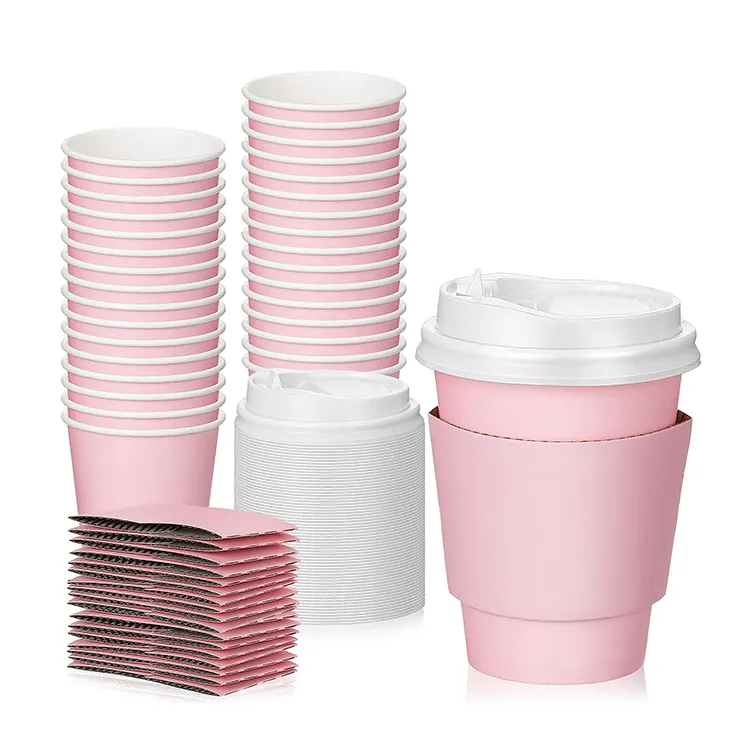 Emballage de tasses à café en papier jetables roses recyclables écologiques personnalisables de 8 oz 12oz avec couvercles et manchon pour boissons chaudes