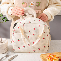 Sac Isotherme Portable Best-Seller en Velours Côtelé à Fermeture Éclair, Thème Fraise, Idéal pour le Travail, l'École et les Repas Préparés (Bento)