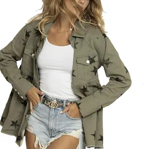 2022 femme mince hauts manches longues bouton ample nouvelle mode étoile imprimer militaire veste en jean pour les femmes