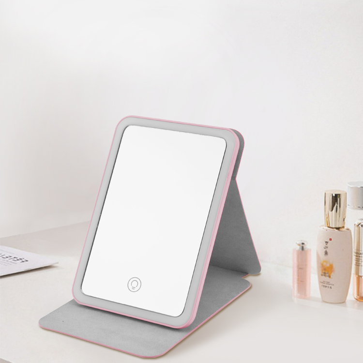 Beauty Led Foldable Travel Makeup Mirror Touch Screen Portable Standing Folding Pu Mirror With Led Light