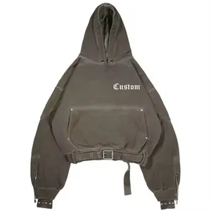 Sudadera de construcción en capas para hombre, sudadera de algodón en blanco de peso pesado, lavado ácido, cinturón ajustable de gran tamaño, sudaderas con capucha para hombre