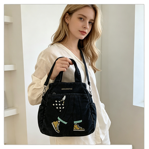 Bolso de mezclilla lavada con volantes, diseño de hojas de loto, cinturón rojo y hebilla de corazón, estilo Y2K, dulce, moderno, vintage, streetwear, para uso diario y compras - Product Image 1