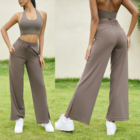 Jeunes femmes minceur lâche cordon Yoga jambe droite pantalon avec poche femmes fendu sport Yoga pantalon mince Fitness pantalon