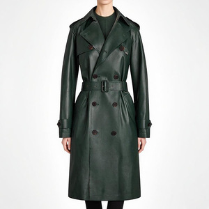 2025 moda <span class=keywords><strong>verde</strong></span> pelle PU <span class=keywords><strong>Trench</strong></span> <span class=keywords><strong>donna</strong></span> lungo doppiopetto con cintura invernale elegante giacca di pelle - Product Image 1
