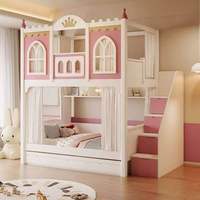 Lit superposé en bois massif pour enfants, style château de princesse moderne, avec escalier de rangement, tiroirs et rideau d'intimité pour chambre de filles