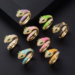 Yeni moda yılan şekilli açılış ayarlanabilir parmak yüzük kadınlar yaratıcı damlayan yağ emaye yeşil zirkon gözler yılan yüzükler kızlar