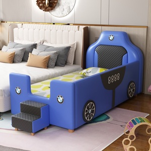 <span class=keywords><strong>Lit</strong></span> de bébé en cuir à thème automobile moderne JS, <span class=keywords><strong>lit</strong></span> souple avec cadre en bois massif pour enfants, avec barrière haute et échelle - Product Image 5