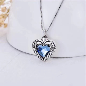 Collier d'urne de crémation pour cendres, ailes d'ange, cœur, pendentif en cristal bleu, porte-cendres, collier commémoratif, cadeaux de mode - Product Image 3