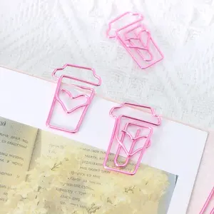 Pretty Good Quality Funny Cute Paperclips Note Book Bookmark Metal Wire Pink Coffee Cup Shape Paper Clips