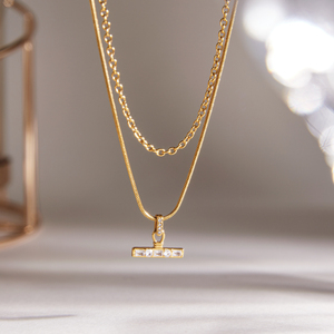 J&amp;D Original Design Classic Layered <strong>T</strong> <strong>Bar</strong> 18K Gold Stainless Steel Rhinestone <strong>T</strong> <strong>Bar</strong> Snake Chain Stackable Multi Layer <strong>Necklace</strong> - Product Image 5