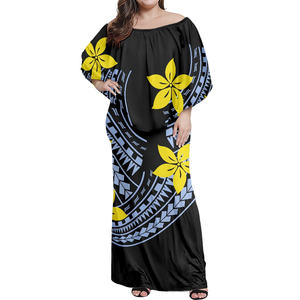 Vestido de manga corta de verano para damas <span class=keywords><strong>Tonga</strong></span> <span class=keywords><strong>Tattoo</strong></span> Print Mujeres Batwing Sleeve Maxi Dress Tapa Design Off Shoulder Ruffle Dress - Product Image 4