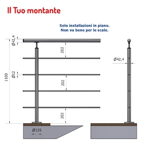 Rail vertical rond en acier inoxydable P110105-4XA4 4 trous Ø 12.5 AISI 316 Finition satinée Hauteur au sol 1.10m - Product Image 1