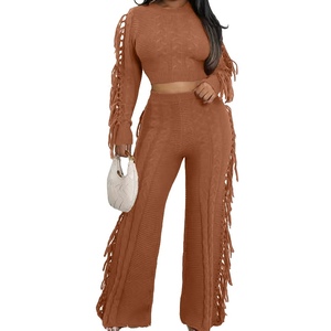 Nouvel ensemble 2 pièces pour femme, pull en tricot uni à manches longues et col rond, pantalon à franges, automne/hiver, tendance - Product Image 5