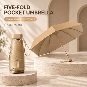 Parapluie de poche pliable 5 sections 15 cm Or Champagne Protection UV Pluie Soleil Personnalisable Logo Publicitaire Cadeaux pour Femmes Hommes - Product Image 1