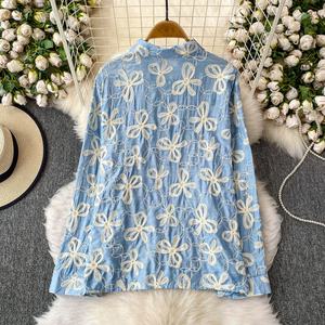 Hot Drill Broderie Revers Chemise à manches longues <span class=keywords><strong>Femme</strong></span> Automne <span class=keywords><strong>Veste</strong></span> ample Blouse - Product Image 6