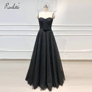 RUOLAI OEV-L4314 brillanti spalline con nastro <span class=keywords><strong>Tulle</strong></span> <span class=keywords><strong>abito</strong></span> da notte A-Line <span class=keywords><strong>nero</strong></span> abiti da sera lunghi - Product Image 1