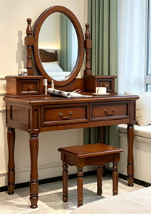 Traditional Solid Wood Makeup <b>Vanity</b> Set With <b>Mirror</b> And Stool 2 Drawers Mahogany Bedroom Dressing Table - Product Image 2