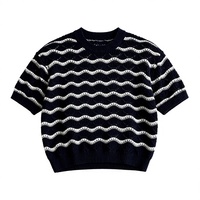 Pull tricoté à manches courtes pour homme, à rayures ondulées et ajouré, col rond, respirant, style preppy, en maille de soie glacée, polyester et coton