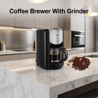 Machine à café électrique mini avec moulin intégré, boîtier en plastique, pour usage domestique, compatible café en grains et café moulu, avec filtre et pot en verre