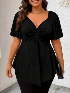 Chemise/Blouse décontractée à manches courtes nouées à col en V en fibre de lait à motif 3D pour femmes grandes tailles printemps été automne - Product Image 4