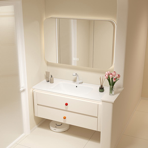 Meuble de salle de bain en bois massif style crème, lavabo intégré en céramique - Product Image 2