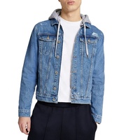 Jaket Pria Kustom OEM Grosir Pabrik Jaket Denim Bertudung dengan Tali Serut Yang Dapat Dilepas Lengan Panjang Robek Biru