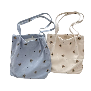 Sac à bandoulière portable en velours côtelé grande capacité pour femme, motif ours de dessin animé, avec deux sangles et doublure en polyester, sac fourre-tout pour étudiantes - Product Image 1