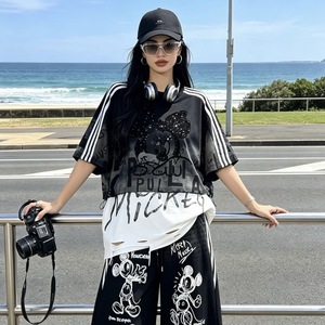 <span class=keywords><strong>T</strong></span>-<span class=keywords><strong>shirt</strong></span> ample à manches courtes pour <span class=keywords><strong>femme</strong></span> 8061/FANMAJIALIE en coton imprimé et brodé Mickey Minnie, respirant, style streetwear - Product Image 3