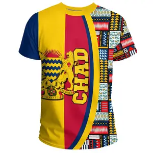 Grosir T-Shirt cetak Bendera Chad dan pola Kente kaus grafis untuk pria leher kru transfer panas Untuk kaus