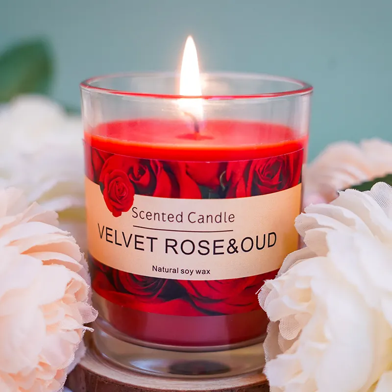 Velas de cera de soja de terciopelo rosa y Oud, vela perfumada con aceite de aromaterapia, fragancia personalizada de vidrio para el hogar