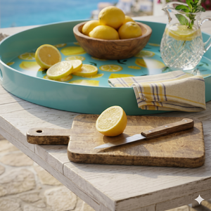 Plateau de service <span class=keywords><strong>en</strong></span> mélamine à motif citron, plateau rond de 15 pouces avec poignées - Product Image 5