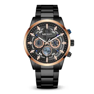 Wholesale cheap alloy megir man watch zegarki meskie 3ATM quartz watches gold plated male luxury wristwatch