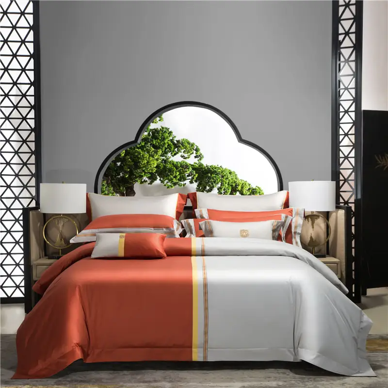 Luxury OEM/ODM orange and grey embroidery duvet cover comforter 100% cotton home textile bedding set