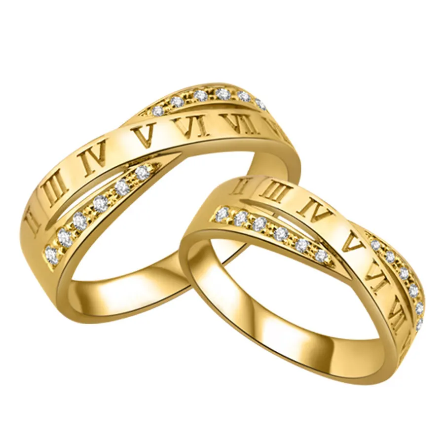 14K oro sólido grabado personalizado anillo de bodas oro número romano pareja anillos conjunto para anillo de compromiso