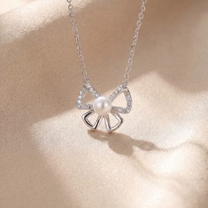 Dainty Handmade Natural Freshwater Pearl Necklace <b>Silver</b> Color Copper Jewelry Elegant Bow-knot <b>Choker</b> for Women Girls Gift - Product Image 2