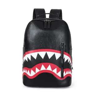 Fashion Printed Custom Leather Shark Backpack Spray Ground Bag Casual Sports Backpack Men Women