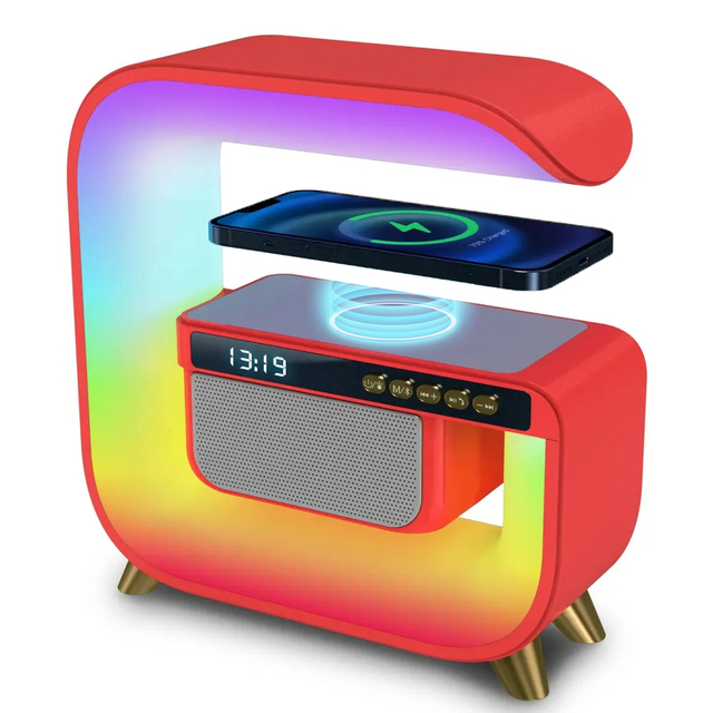 Custom G Shaped Wireless Phone Charger With Speaker Alarm Clock Multi-function Desk RGB Night Lamp 15W 6 in 1 Wireless Charge